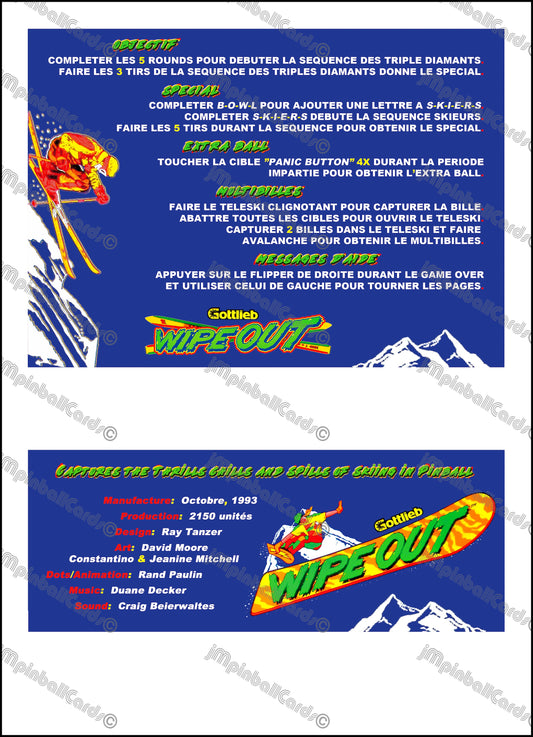 Gottlieb Wipe Out 1993 Jeu Cartes règles Instructions Flipper Custom Apron