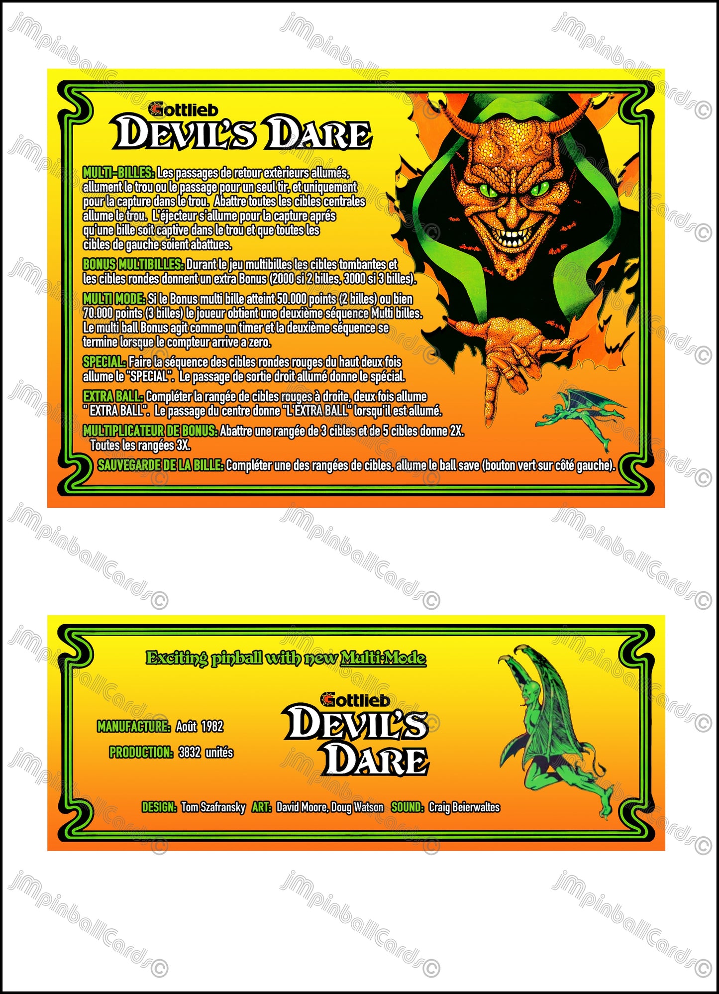 Instrucciones de las tarjetas del juego Gottlieb Devil's Dare 1982, versión 1 de pinball, tarjetas de delantal de pinball con impresión personalizada