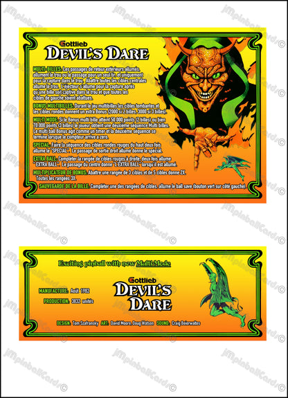 Gottlieb Devil's Dare 1982 Jeu Cartes Instructions Flipper Custom Apron règles imprimées V1