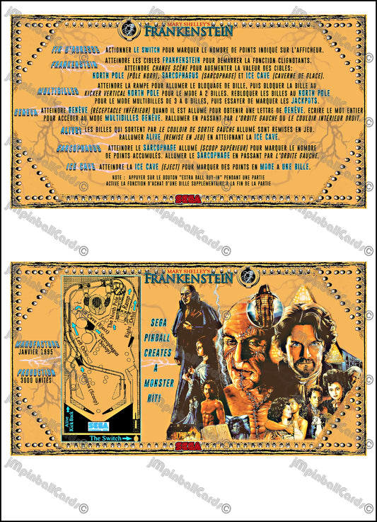 SEGA Mary Shelley's Frankenstein 1995 Jeu Cartes Instructions Flipper Custom Apron règles imprimées
