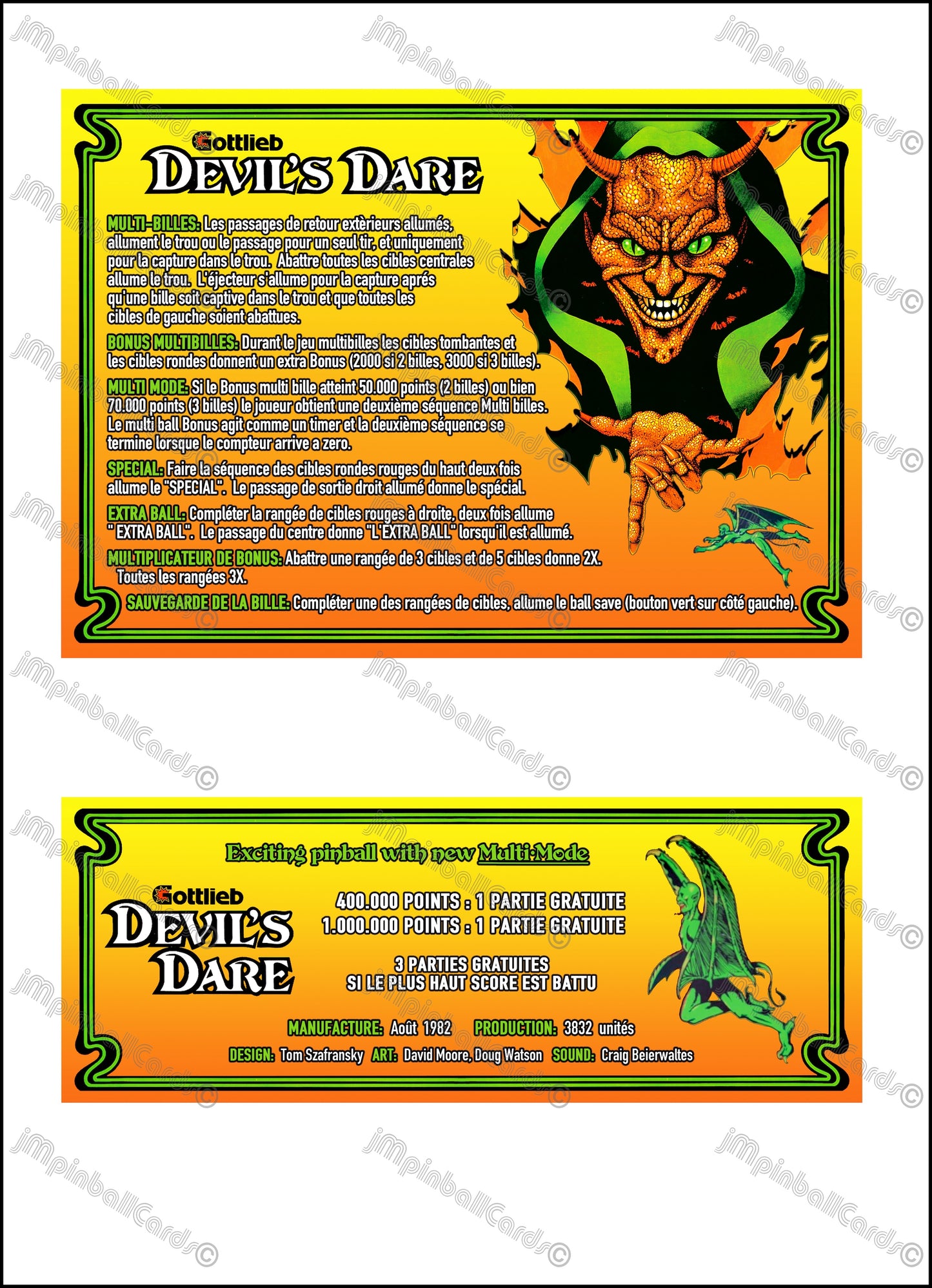 Instrucciones de las tarjetas del juego Gottlieb Devil's Dare 1982, versión 1 de pinball, tarjetas de delantal de pinball con impresión personalizada