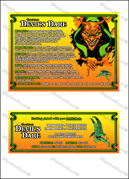 Gottlieb Devil's Dare 1982 Jeu Cartes Instructions Flipper Custom Apron règles imprimées V1