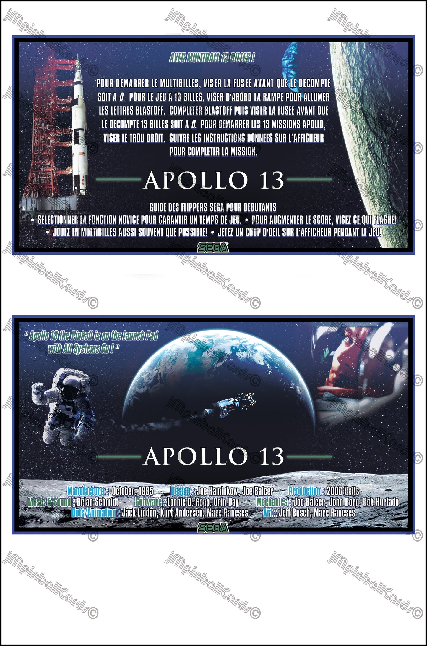 Instrucciones de las tarjetas de juego SEGA Apollo 13 de 1995 para pinball: tarjetas de pinball personalizadas con impresión personalizada