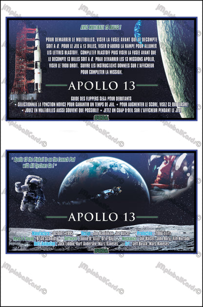 Instrucciones de las tarjetas del juego SEGA Apollo 13 1995 Delantal personalizado de pinball con reglas impresas