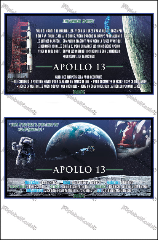 SEGA Apollo 13 1995 Jeu Cartes Instructions Flipper Custom Apron règles imprimées
