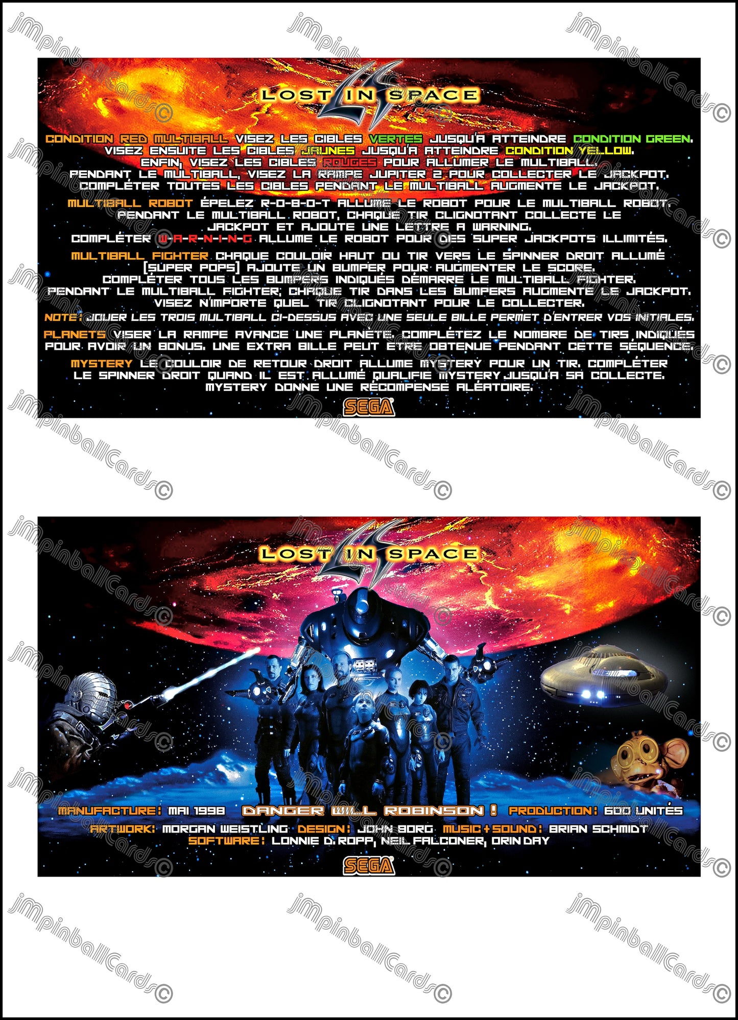 SEGA Lost In Space 1998 Jeu Cartes Instructions Flipper Custom Apron règles imprimées