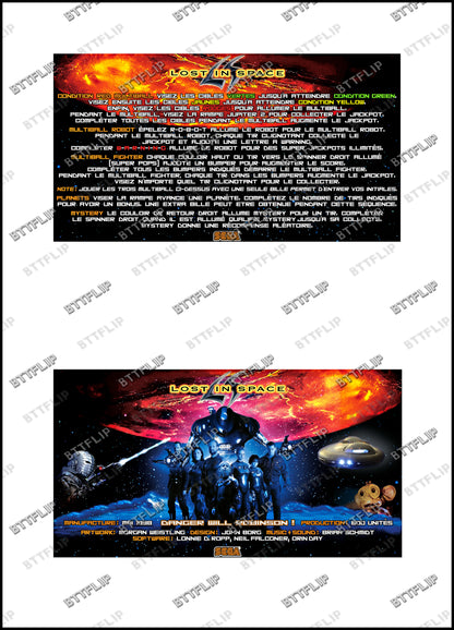 Instrucciones de las tarjetas del juego SEGA Lost In Space 1998 Delantal personalizado de pinball con reglas impresas