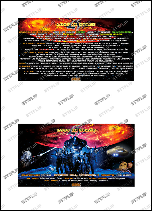 Instrucciones de las tarjetas del juego SEGA Lost In Space 1998 Delantal personalizado de pinball con reglas impresas