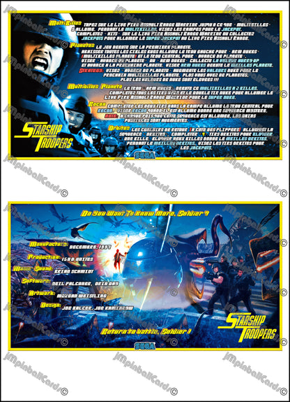 Instrucciones de las tarjetas del juego SEGA Starship Troopers Pinball Delantal personalizado reglas impresas