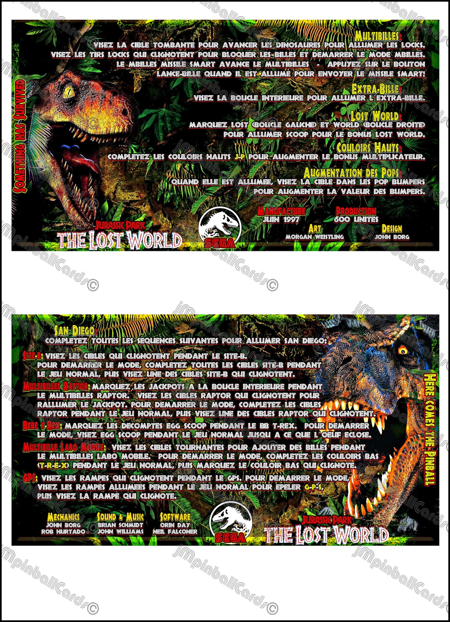 Instrucciones de las tarjetas del juego SEGA The Lost World Jurassic Park 1997, tarjetas de pinball personalizadas con impresión de pinball.