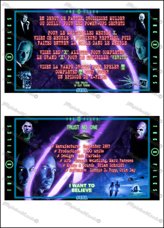 SEGA The X-Files 1997 Jeu Cartes Instructions Flipper Custom Apron règles imprimées