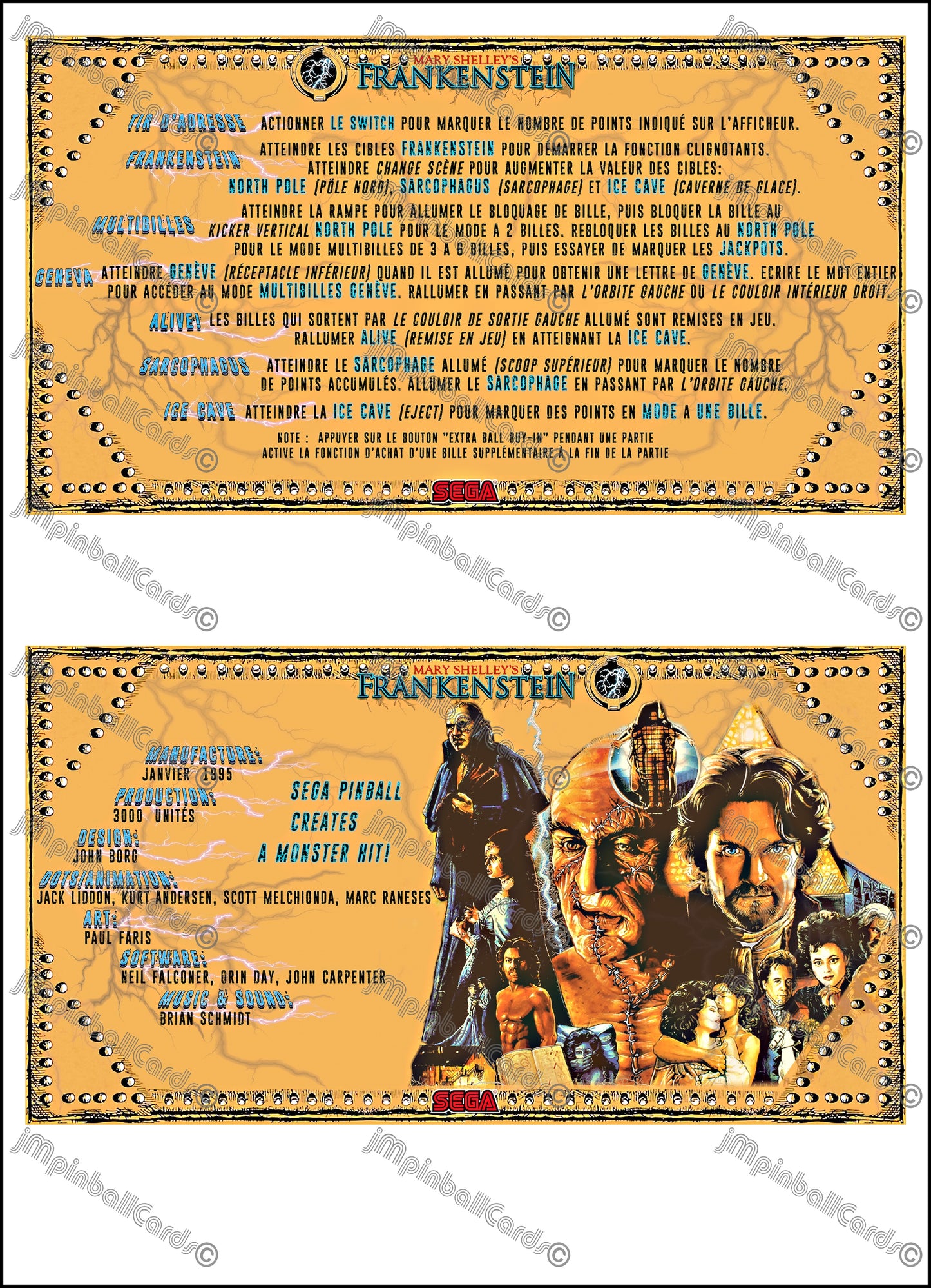 SEGA Mary Shelley's Frankenstein 1995 Jeu Cartes Instructions Flipper Custom Apron règles imprimées