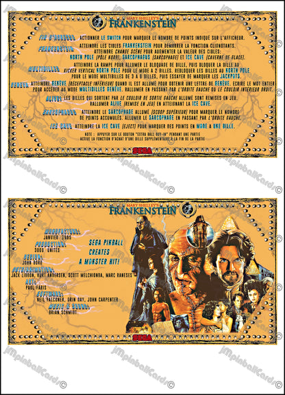 Instrucciones de las tarjetas del juego SEGA Mary Shelley's Frankenstein 1995 Delantal personalizado de pinball con reglas impresas