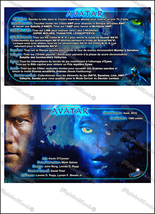 Instrucciones de las tarjetas del juego Stern Avatar 2010. Tarjetas de pinball personalizadas con impresión de pinball.