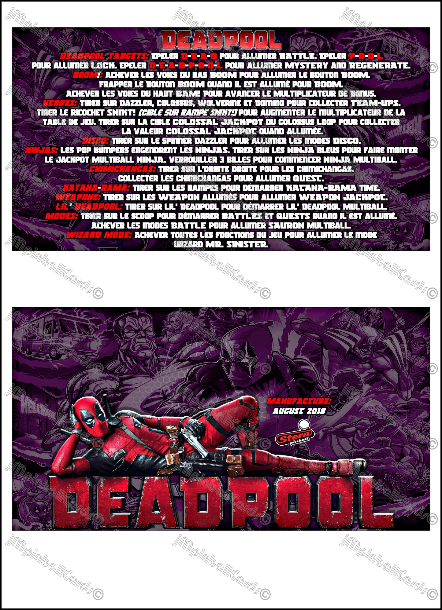 Instrucciones de las tarjetas del juego Stern Deadpool 2018, tarjetas de pinball personalizadas con impresión de delantal