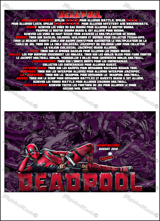 Instrucciones de las tarjetas del juego Stern Deadpool 2018 Delantal personalizado de pinball Reglas impresas