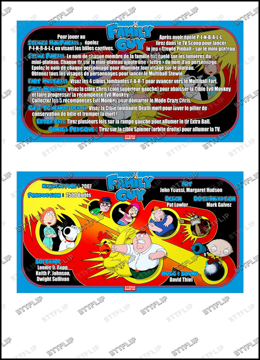 Stern Family Guy 2007Jeu Cartes Instructions Flipper Custom Apron règles imprimées