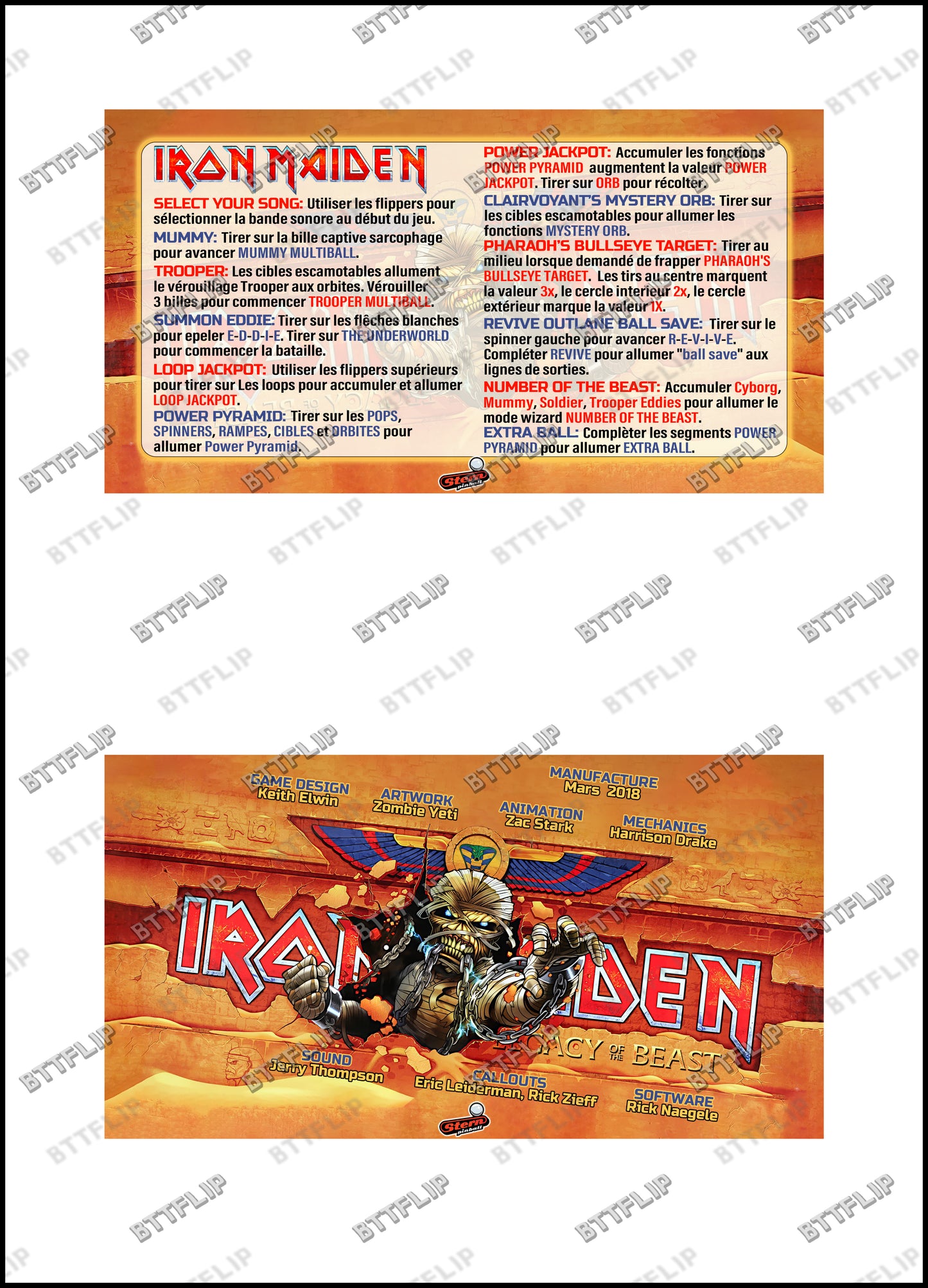 Instrucciones de las tarjetas de juego premium de Stern Iron Maiden 2018, reglas impresas del delantal personalizado de Pinball