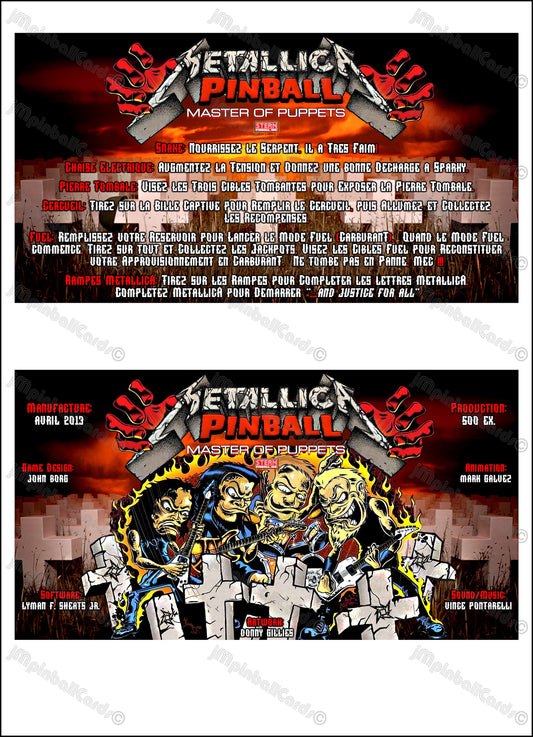 Instrucciones de las tarjetas del juego Stern Metallica Master Of Puppets 2013, reglas impresas del delantal personalizado de Pinball