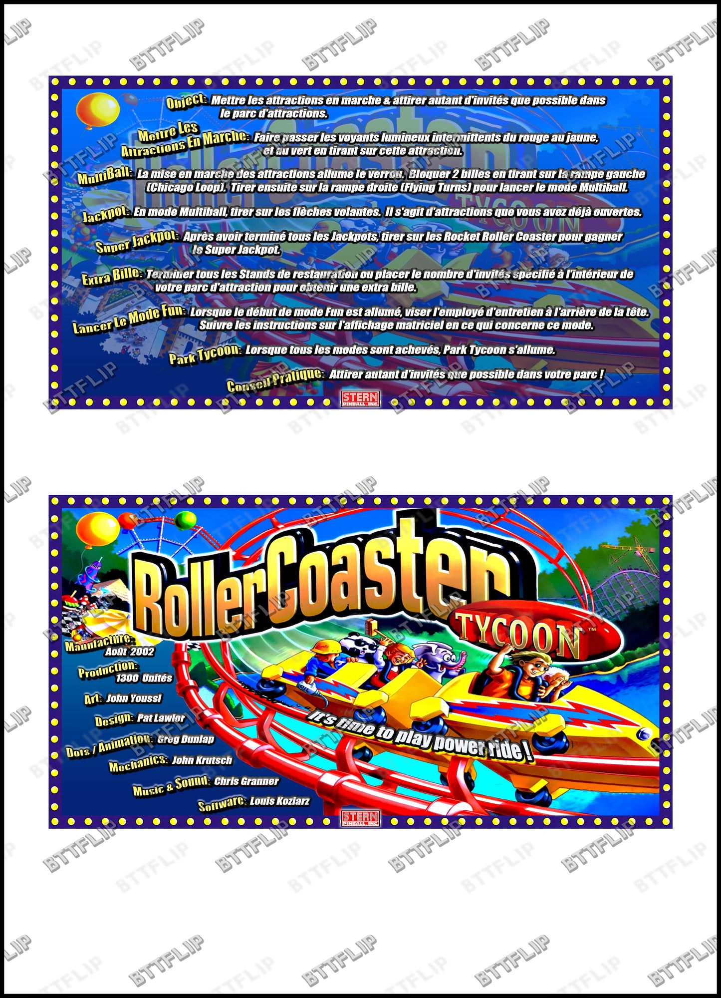 Stern Roller Coster Tycoon 2002 Game Cards Instructions Pinball Custom Apron printed rules