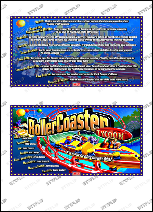 Instrucciones de las tarjetas del juego Stern Roller Coster Tycoon 2002, delantal personalizado de pinball, reglas impresas