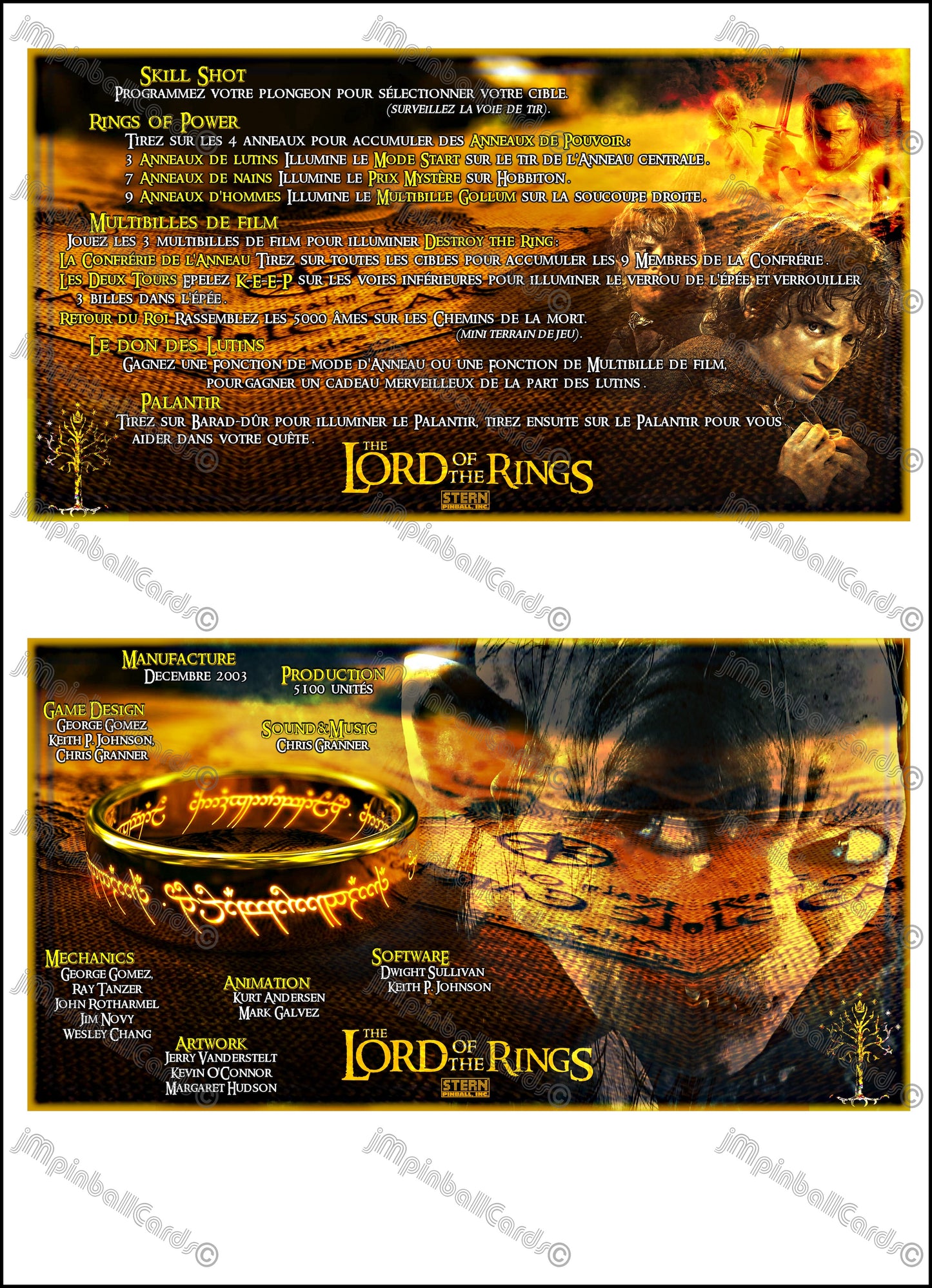 Instrucciones de las tarjetas de juego de pinball de Stern El Señor de los Anillos 2003 - Tarjetas de pinball personalizadas con impresión personalizada