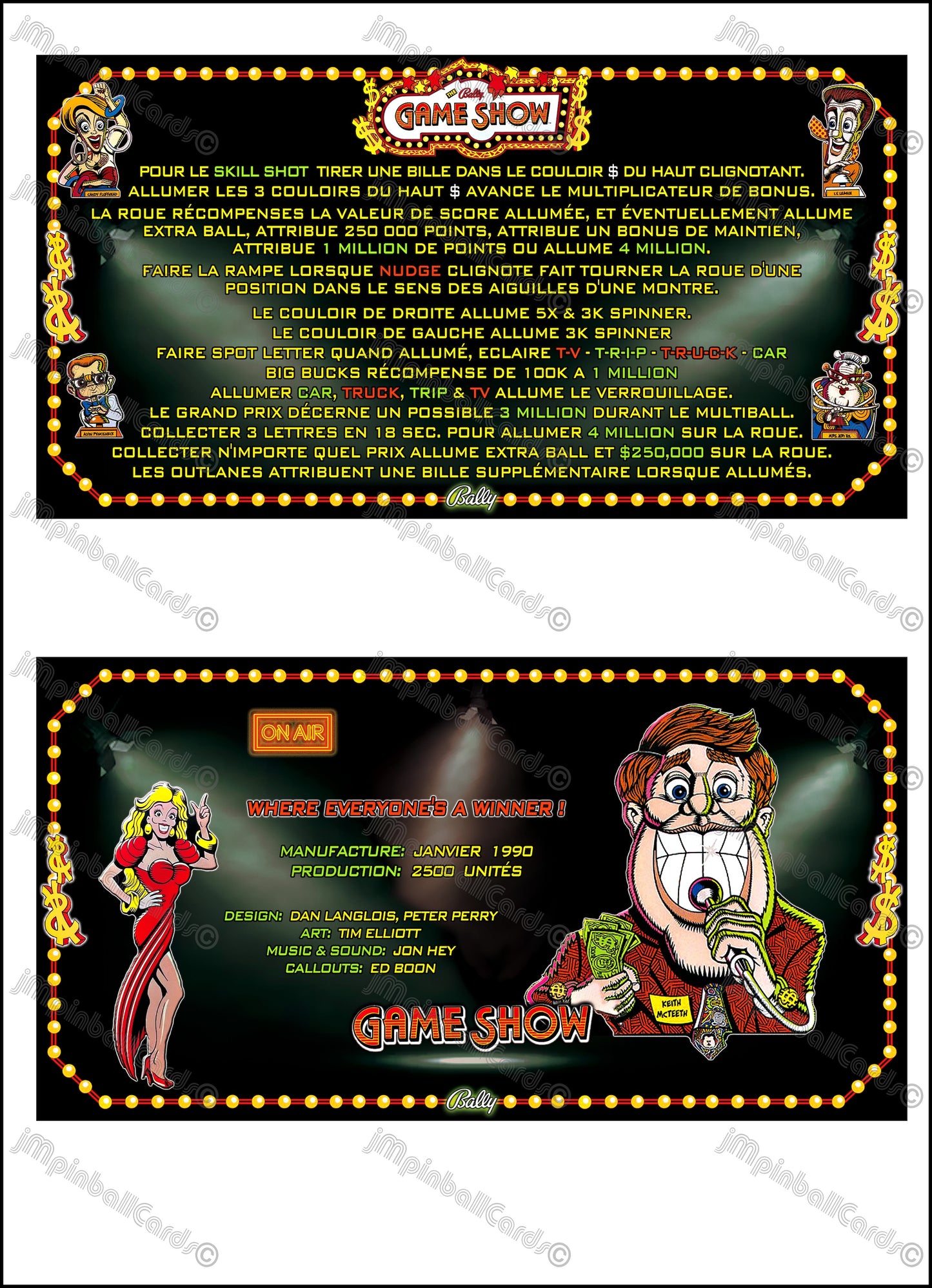 Instrucciones de las tarjetas del juego Bally Game Show 1990, máquina de pinball, delantal personalizado, reglas impresas