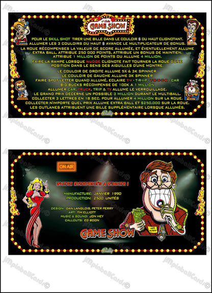 Instrucciones de las tarjetas del juego Bally Game Show 1990, máquina de pinball, delantal personalizado, reglas impresas