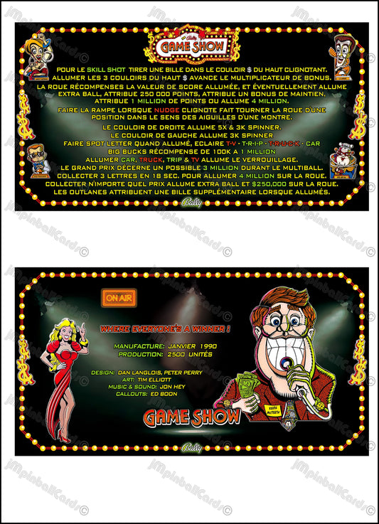 Instrucciones de las tarjetas del juego Bally Game Show 1990, máquina de pinball, delantal personalizado, reglas impresas
