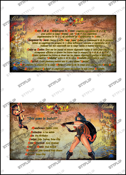 Instrucciones de las tarjetas del juego Bally BLACK ROSE 1992 Delantal personalizado de pinball con reglas impresas