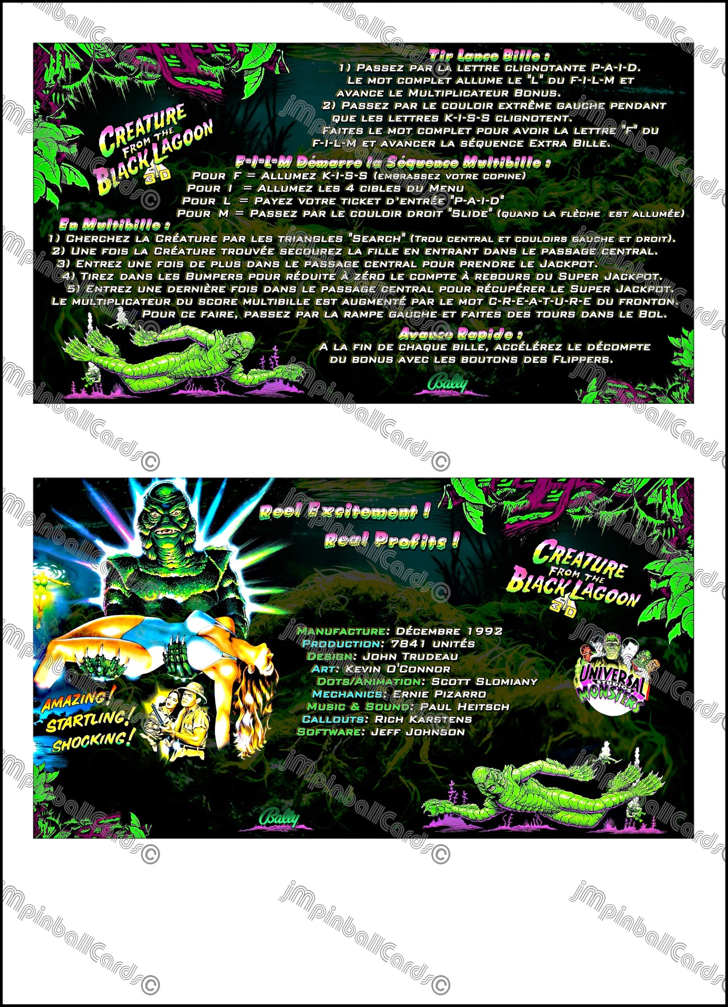 Bally Creature From The Black Lagoon 1992 Jeu Cartes Instructions Flipper Custom Apron règles imprimées V1
