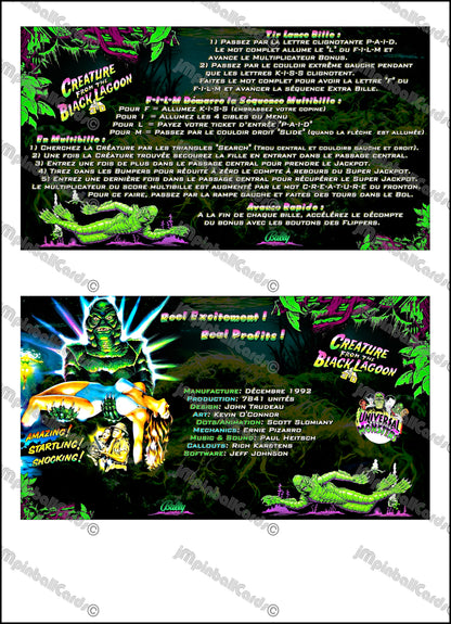 Instrucciones de las tarjetas del juego Bally Creature From The Black Lagoon (1992) y reglas impresas del delantal personalizado de pinball (versión 1)