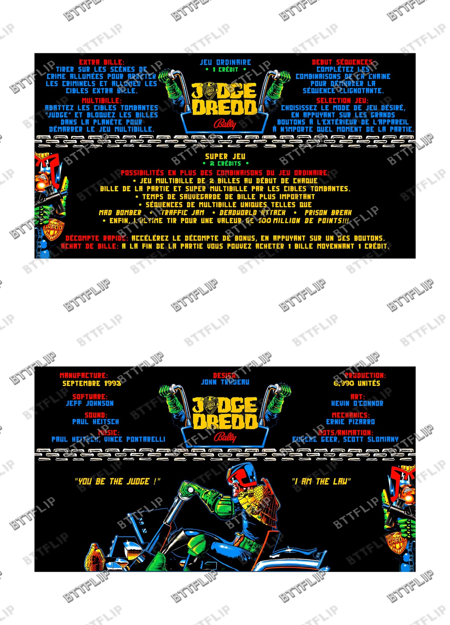 Instrucciones de las tarjetas del juego Bally JUDGE DREDD 1993, delantal personalizado de pinball, reglas impresas V1