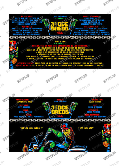 Bally JUDGE DREDD 1993 Game Cards Instructions Pinball Custom Apron Printed Rules V1