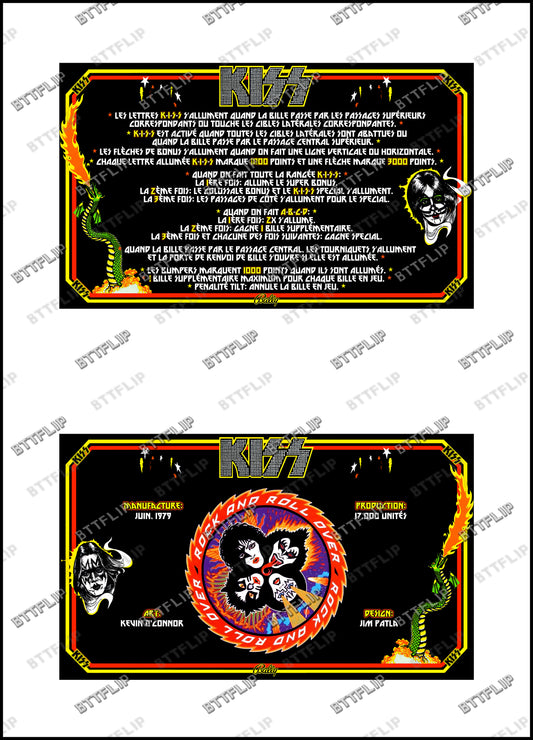 Bally KISS 1979 Jeu Cartes Instructions Flipper Custom Apron règles imprimées