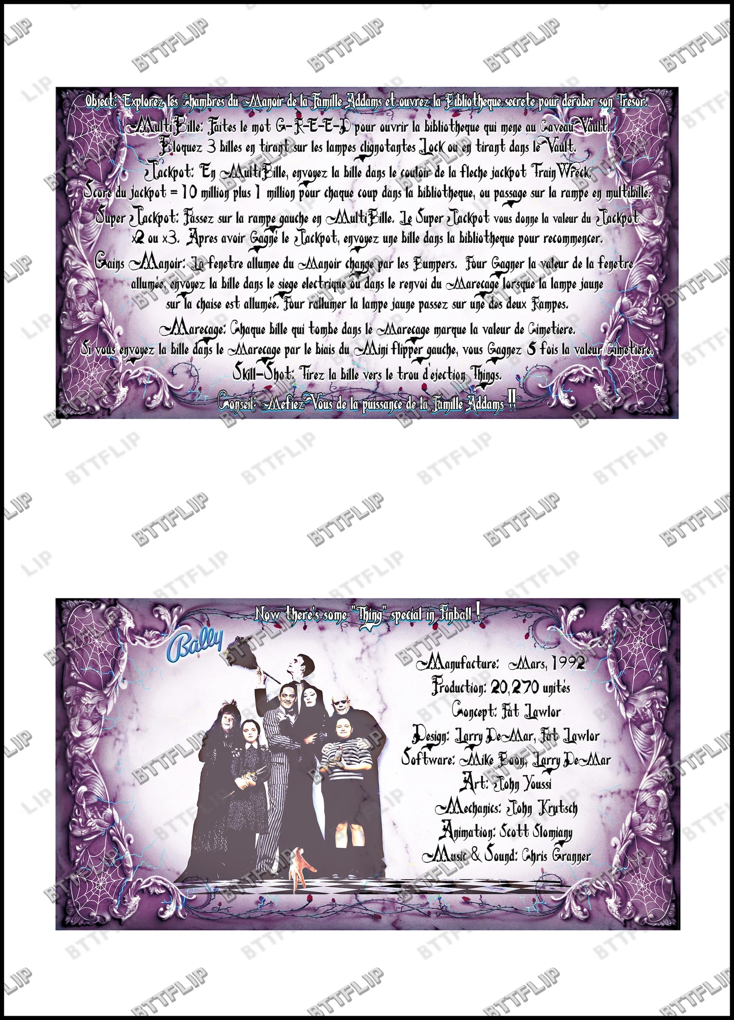 Instrucciones de las tarjetas del juego Bally The Addams Family 1992, máquina de pinball, delantal personalizado, reglas impresas V1