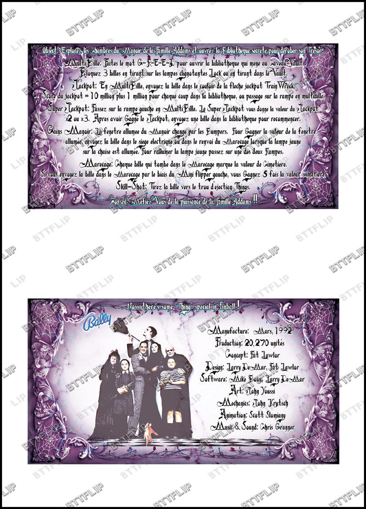Instrucciones de las tarjetas del juego Bally The Addams Family 1992, máquina de pinball, delantal personalizado, reglas impresas V1
