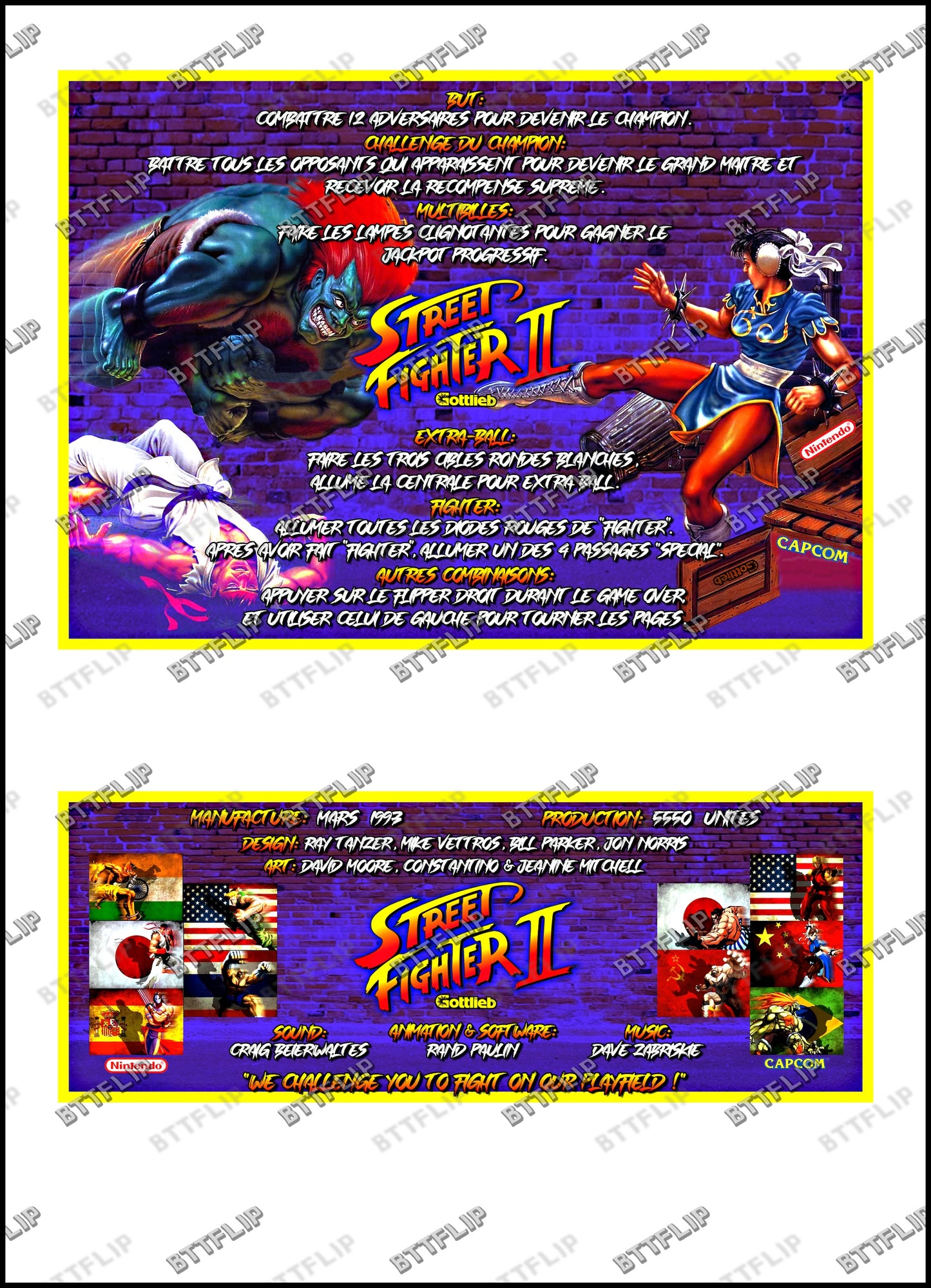 Instrucciones de las tarjetas de juego Gottlieb Street Fighter 1993 Pinball - Tarjetas de pinball personalizadas con impresión personalizada