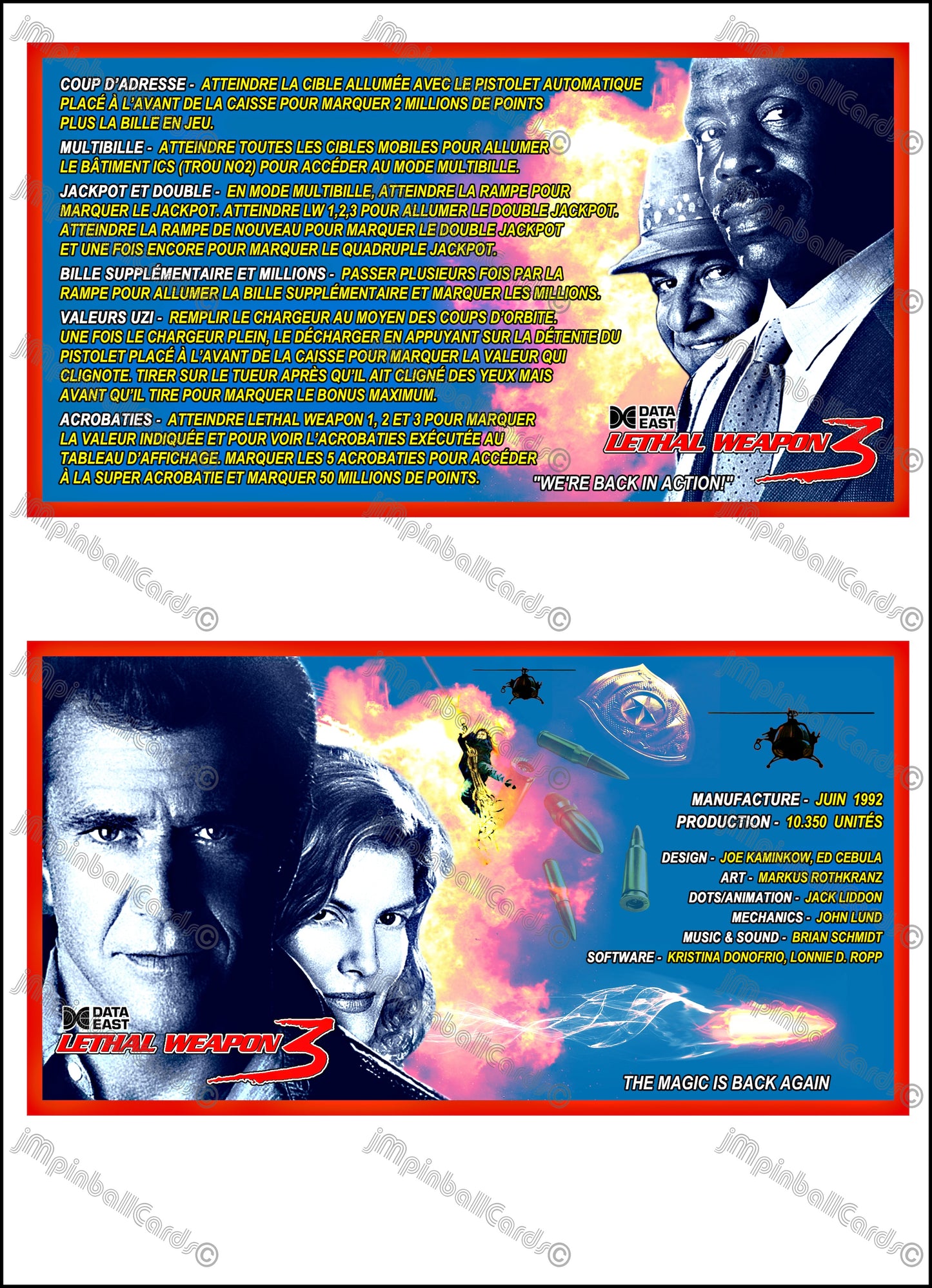 Data East Lethal Weapon 1992 Jeu Cartes Instructions Flipper Custom Apron règles imprimées V1