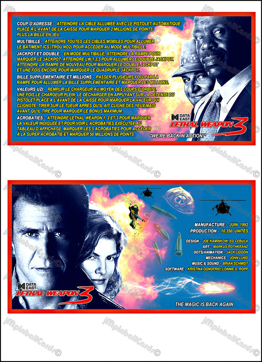 Data East Lethal Weapon 1992 Jeu Cartes Instructions Flipper Custom Apron règles imprimées V1
