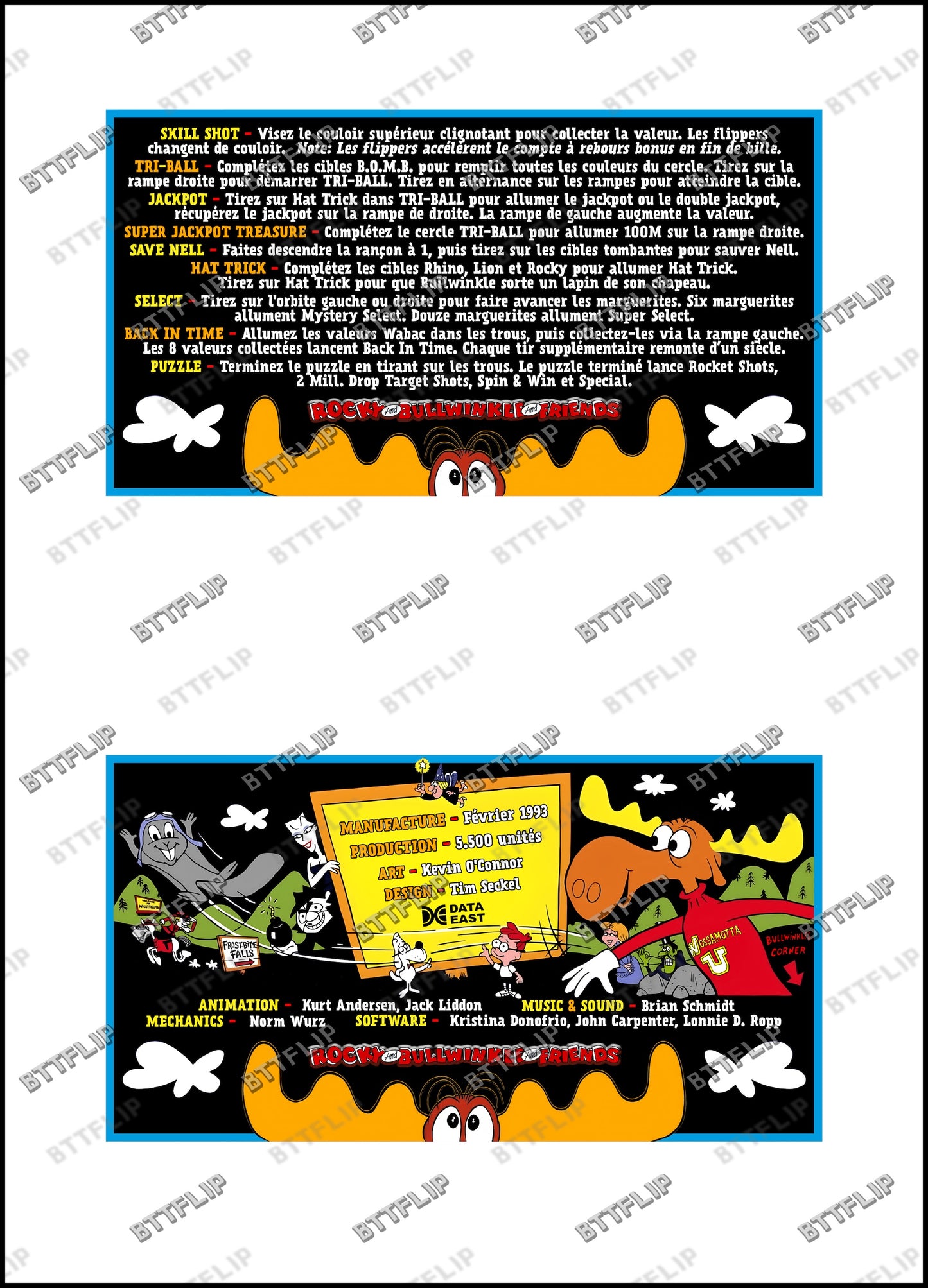 Data East THE ADVENTURES OF ROCKY AND BULLWINKLE AND FRIENDS 1993 Jeu Cartes Instructions Flipper Custom Apron règles imprimées