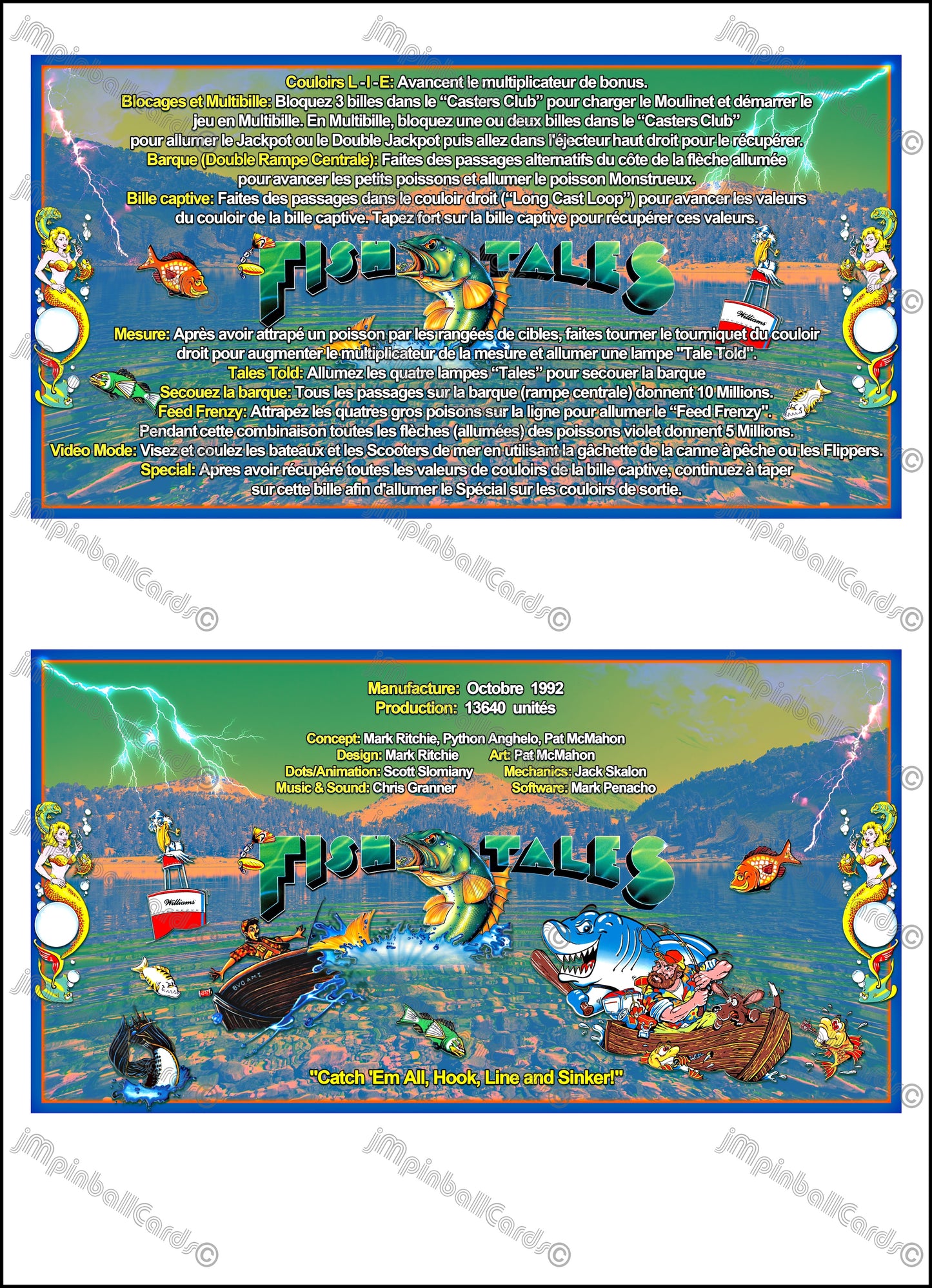 Instrucciones de las tarjetas del juego Williams Fish Tales 1992, delantal personalizado de pinball, reglas impresas V1