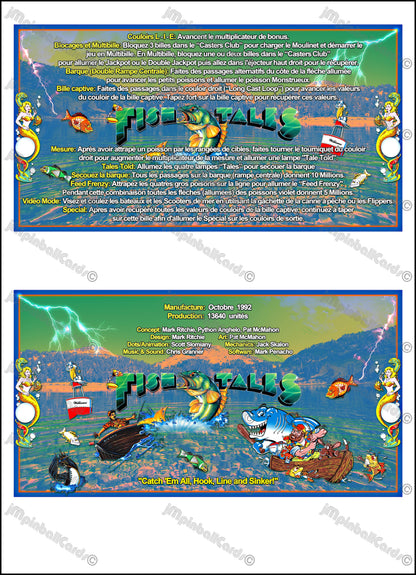 Instrucciones de las tarjetas del juego Williams Fish Tales 1992, delantal personalizado de pinball, reglas impresas V1