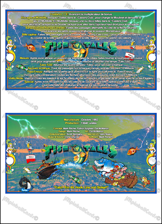 Instrucciones de las tarjetas del juego Williams Fish Tales 1992, delantal personalizado de pinball, reglas impresas V1