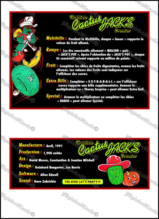Gottlieb Cactus Jack's 1991 Jeu Cartes Instructions Flipper Custom Apron règles imprimées V1