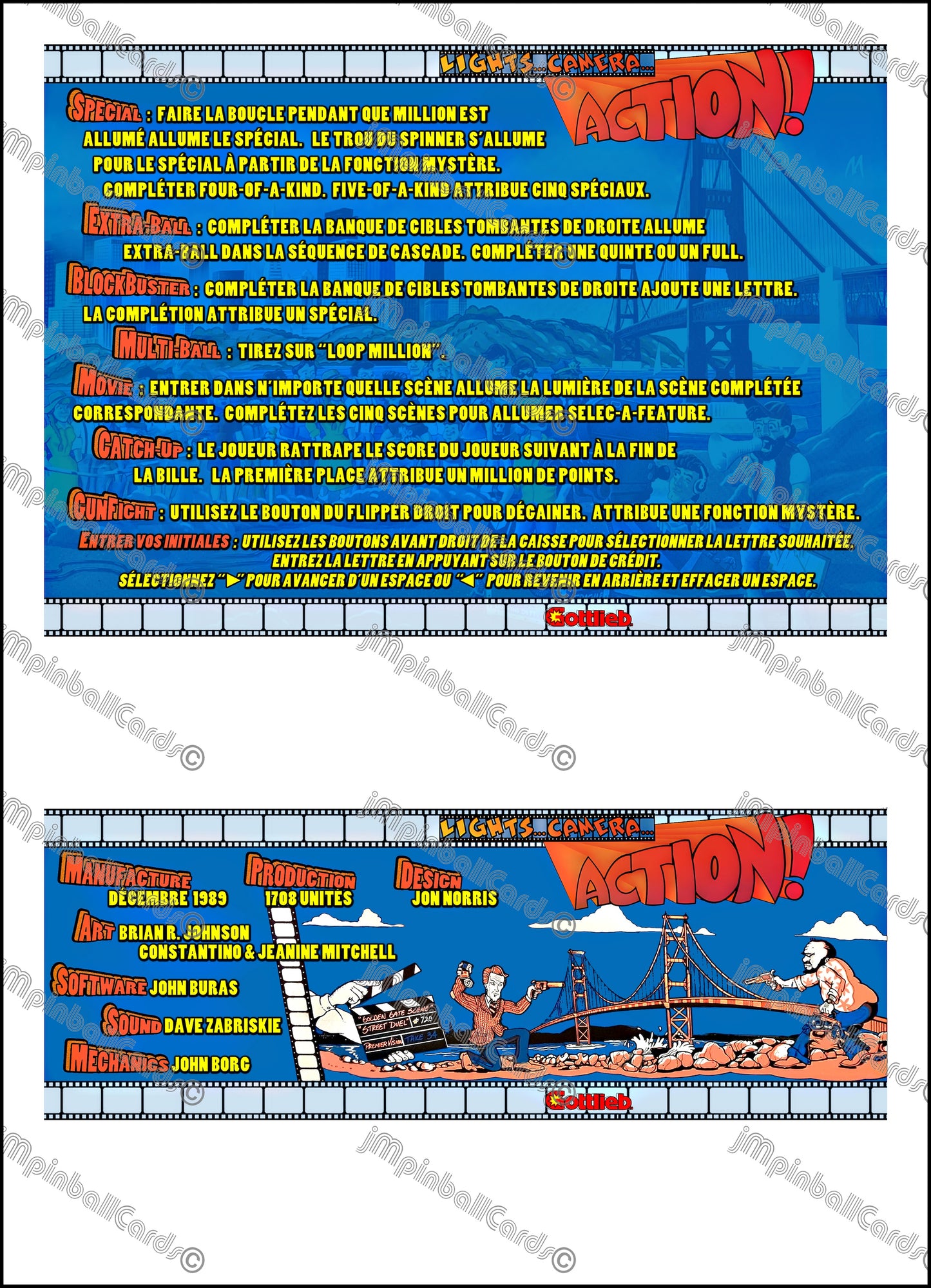 Gottlieb Light Camera Action 1989 Game Cards Instructions Flipper Custom Apron Printed Rules V1