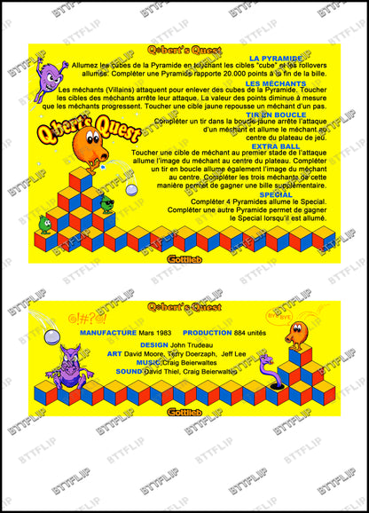Gottlieb Q * Bert's Quest 1983 Juego de cartas Instrucciones Pinball Delantal personalizado Reglas impresas
