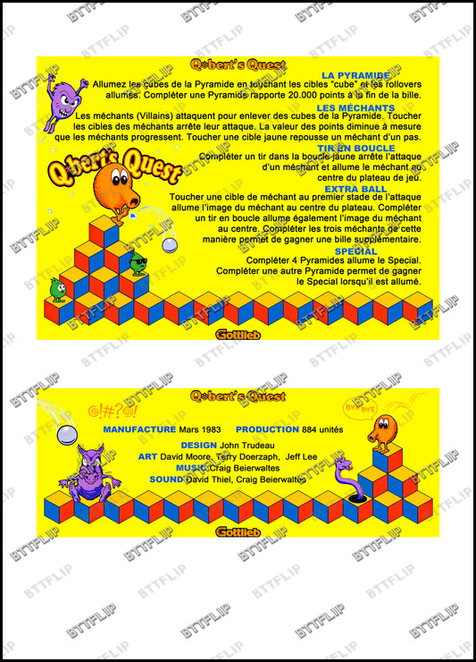 Gottlieb Q * Bert's Quest 1983 Juego de cartas Instrucciones Pinball Delantal personalizado Reglas impresas
