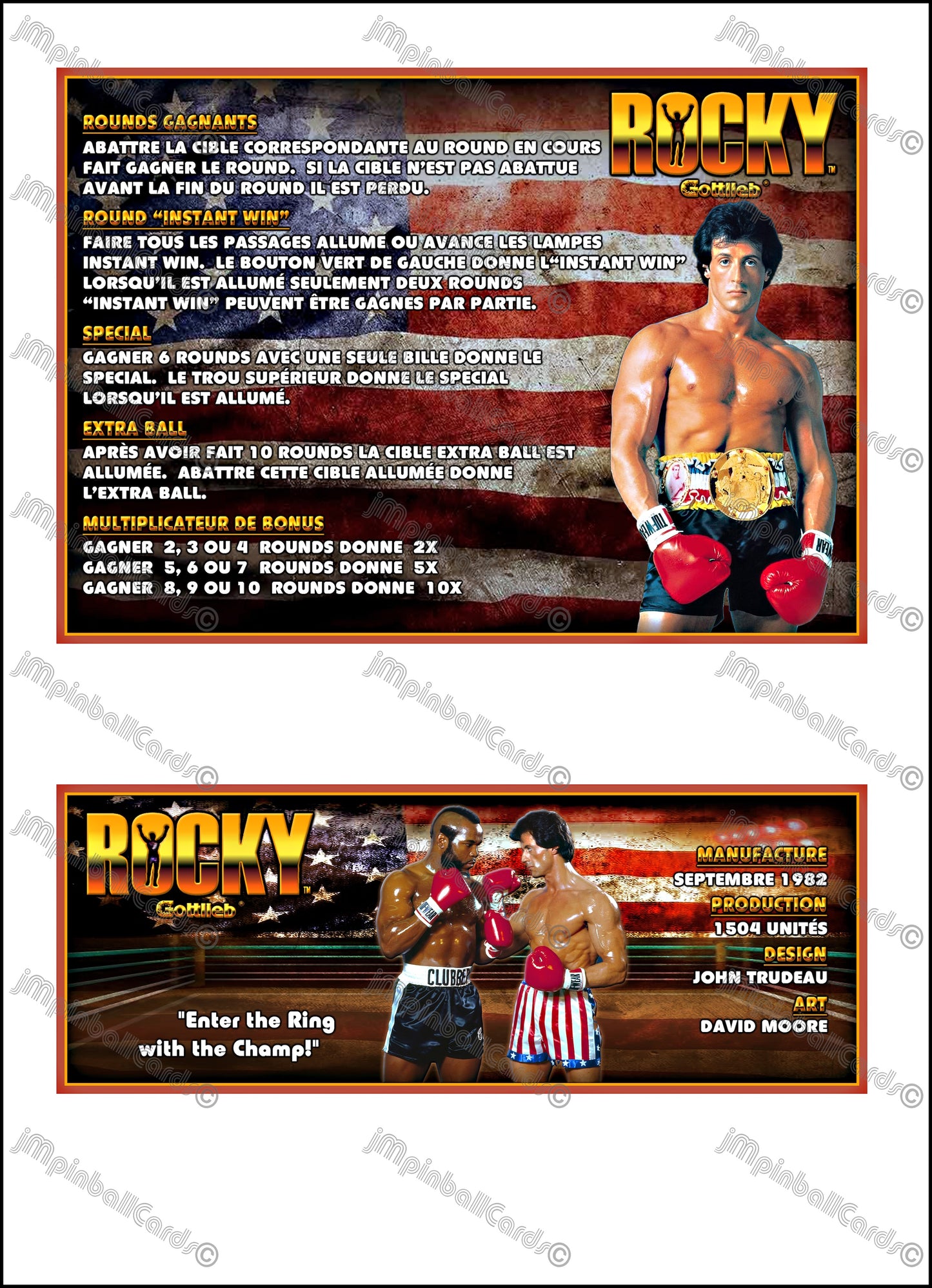 Instrucciones de las tarjetas del juego Gottlieb Rocky 1982 Pinball V1 Tarjetas de delantal de pinball con impresión personalizada