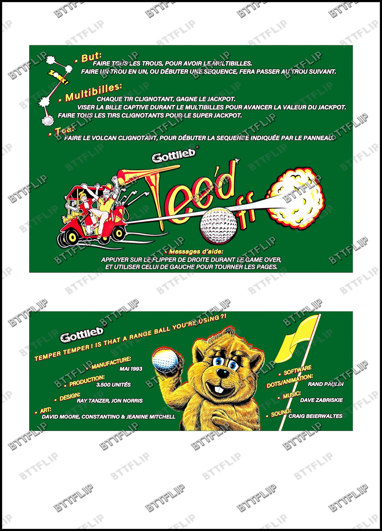 Gottlieb TEE'D OFF 1993 Game Cards Instructions Pinball Custom Apron printed rules